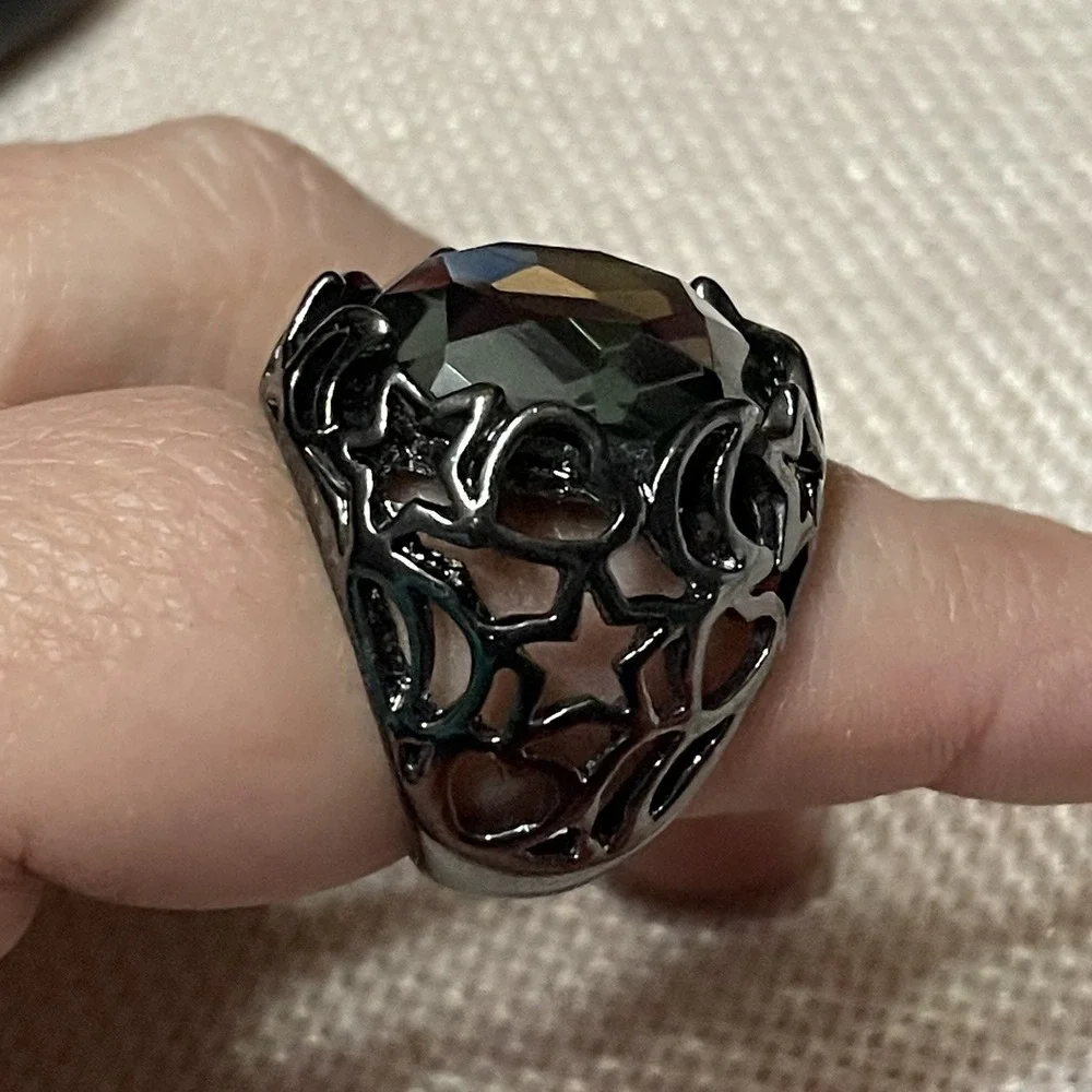 Black Dome Ring Dark Glam Goth Fantasy Hearts Stars Crescent Moon Celestial Sz 8